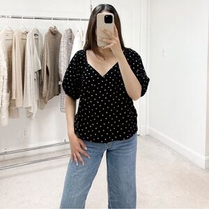 Madewell Corduroy Puff Sleeve Oval Dot Wrap Top in Black and Yellow